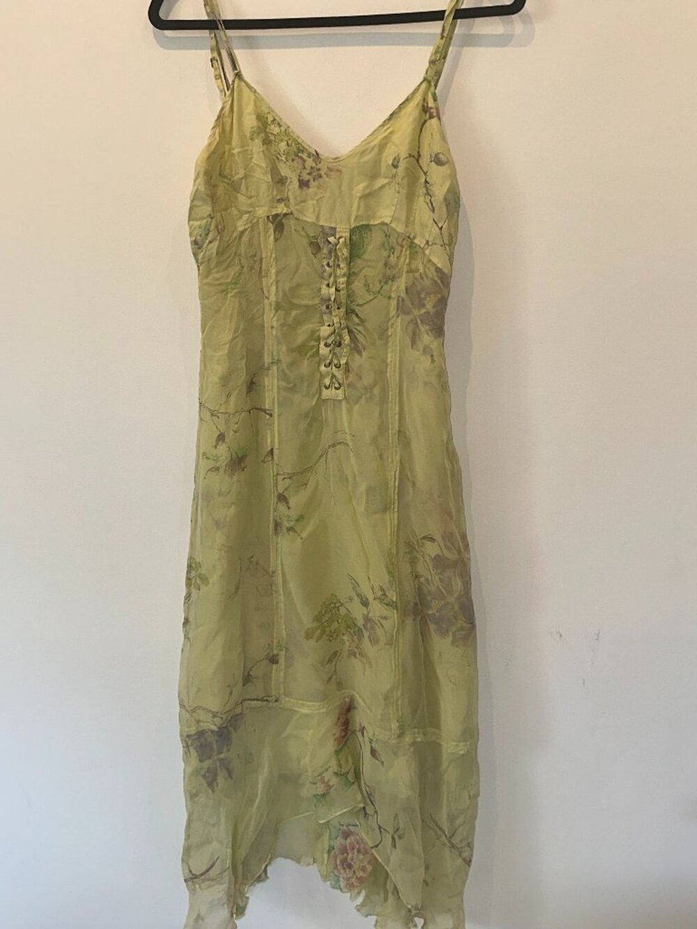 Vintage Yellow Floral Lace-Up Silk Slip Midi Dress Cottagecore Y2K
